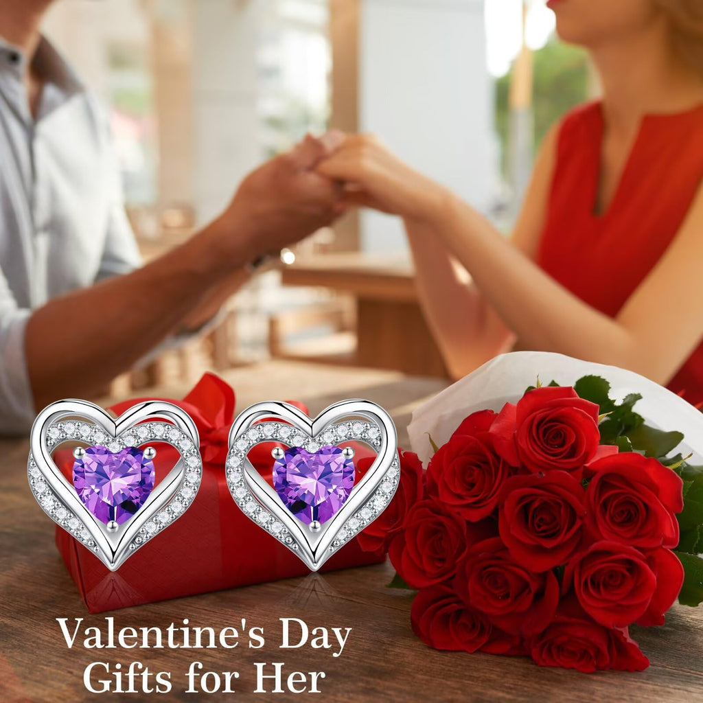 Iefil Earrings for Women, 925 Sterling Silver October Birthstone Sapphire Heart Stud Earrings for Women
