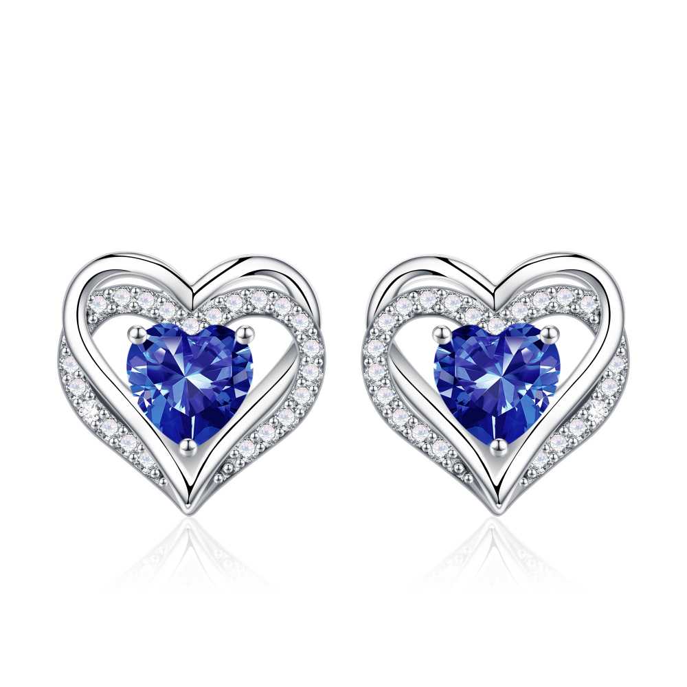 Iefil Earrings for Women, 925 Sterling Silver October Birthstone Sapphire Heart Stud Earrings for Women