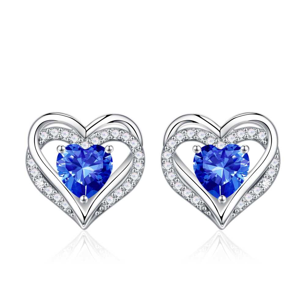 Iefil Earrings for Women, 925 Sterling Silver October Birthstone Sapphire Heart Stud Earrings for Women