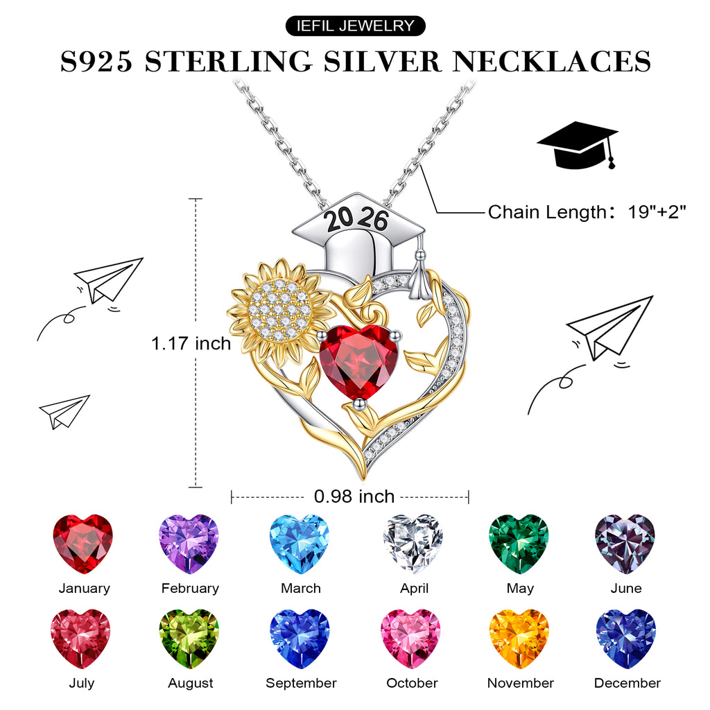 Iefil Graduation Gifts for Her 2026 College, 925 Sterling Silver Sunflower January Garnet Red Birthstone necklace for women Jewelry, Inspirational Graduation High School Graduate Gift for Best Friend