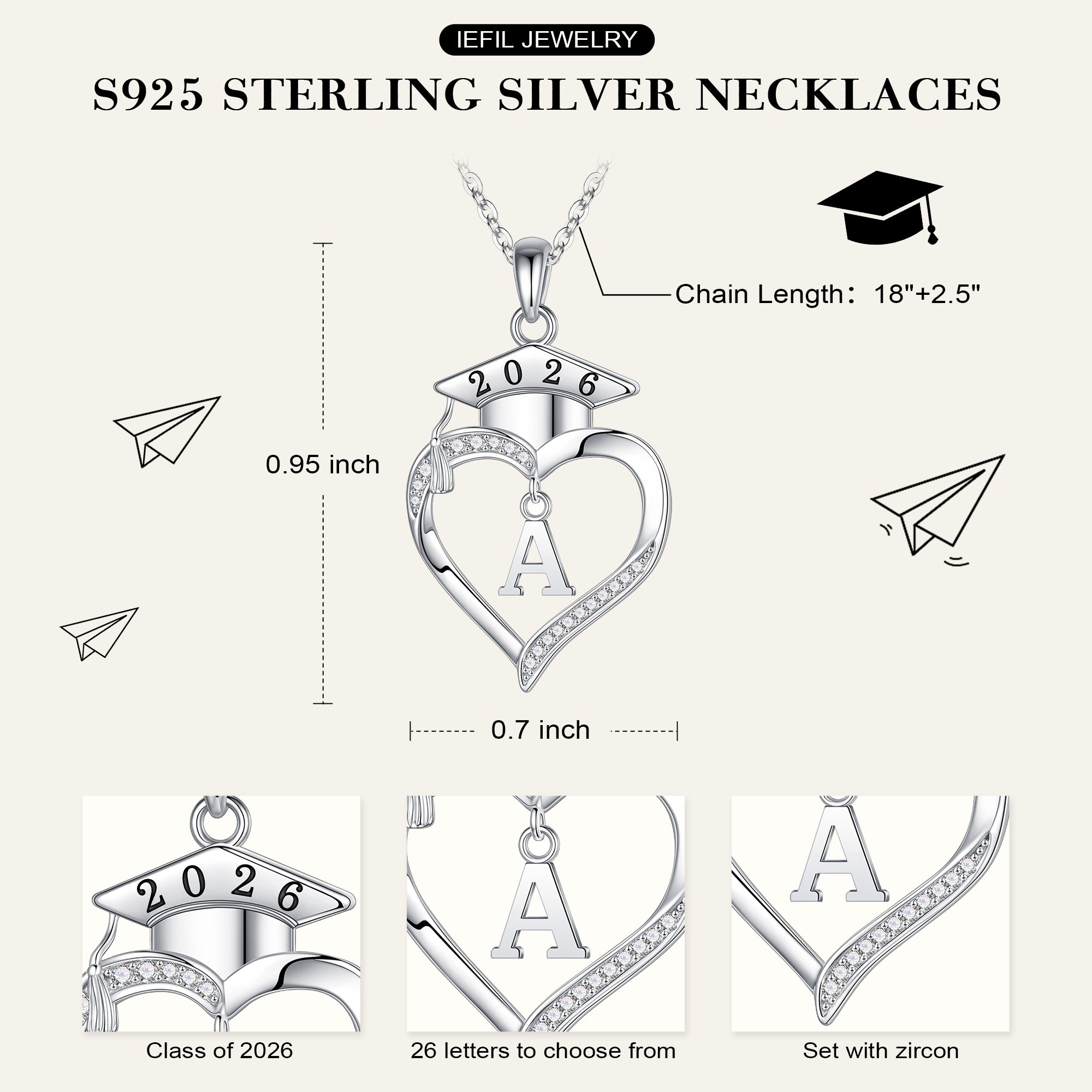 Iefil Graduation Gift for Her 2026 College, 925 Sterling Silver Heart Cubic Zirconia Initial A necklace for women, personalized Inspirational Graduation High School Graduate Gift Best Friend Daughter