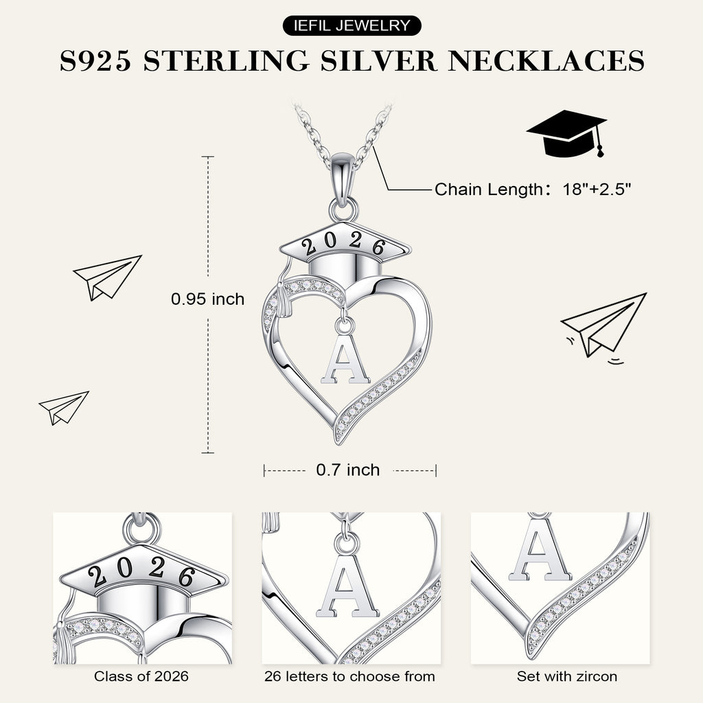 Iefil Graduation Gift for Her 2026 College, 925 Sterling Silver Heart Cubic Zirconia Initial A necklace for women, personalized Inspirational Graduation High School Graduate Gift Best Friend Daughter