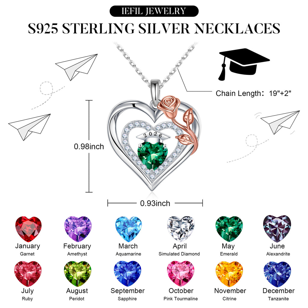 Iefil Graduation Gifts for Her 2026 College, 925 Sterling Silver Rose Heart January Garnet Red Birthstone necklace for women Jewelry, Inspirational Graduation High School Graduate Gift Best Friend