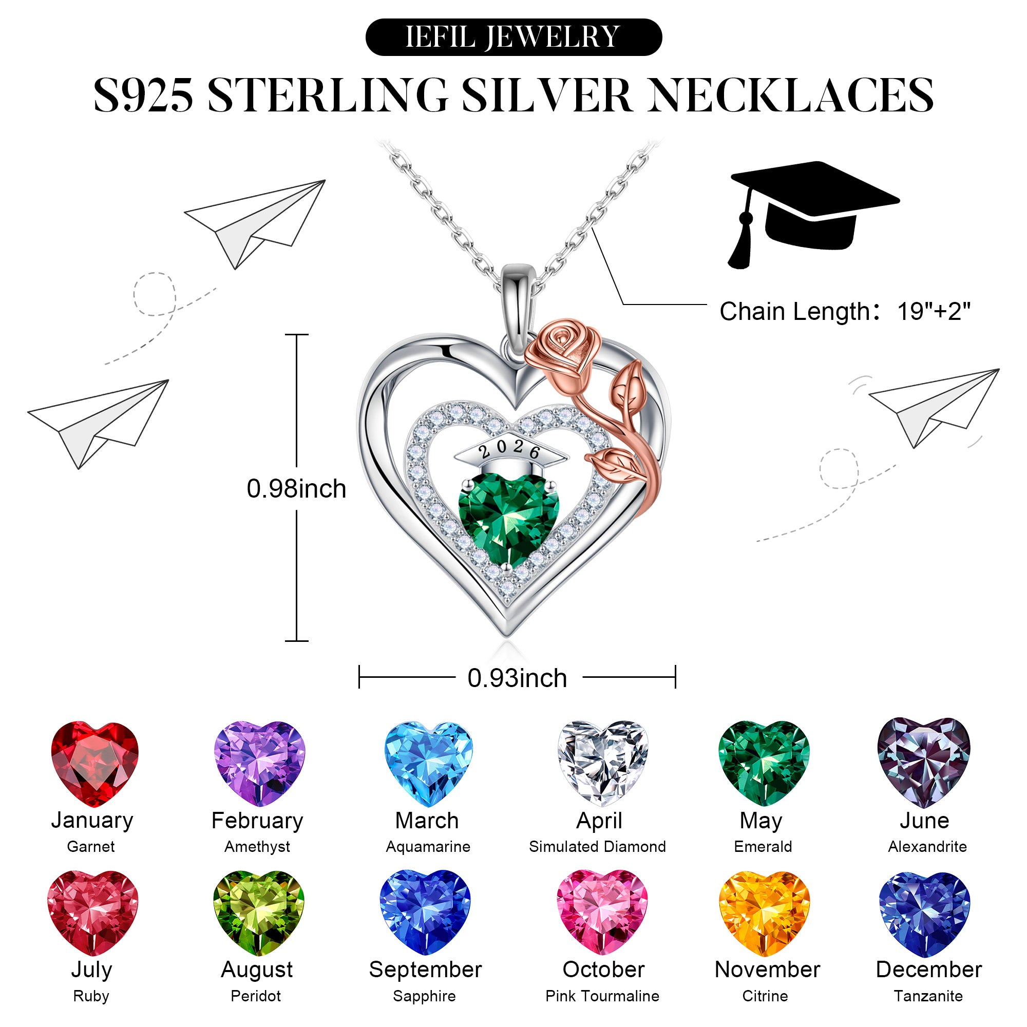 Iefil Graduation Gifts for Her 2026 College, 925 Sterling Silver Rose Heart January Garnet Red Birthstone necklace for women Jewelry, Inspirational Graduation High School Graduate Gift Best Friend
