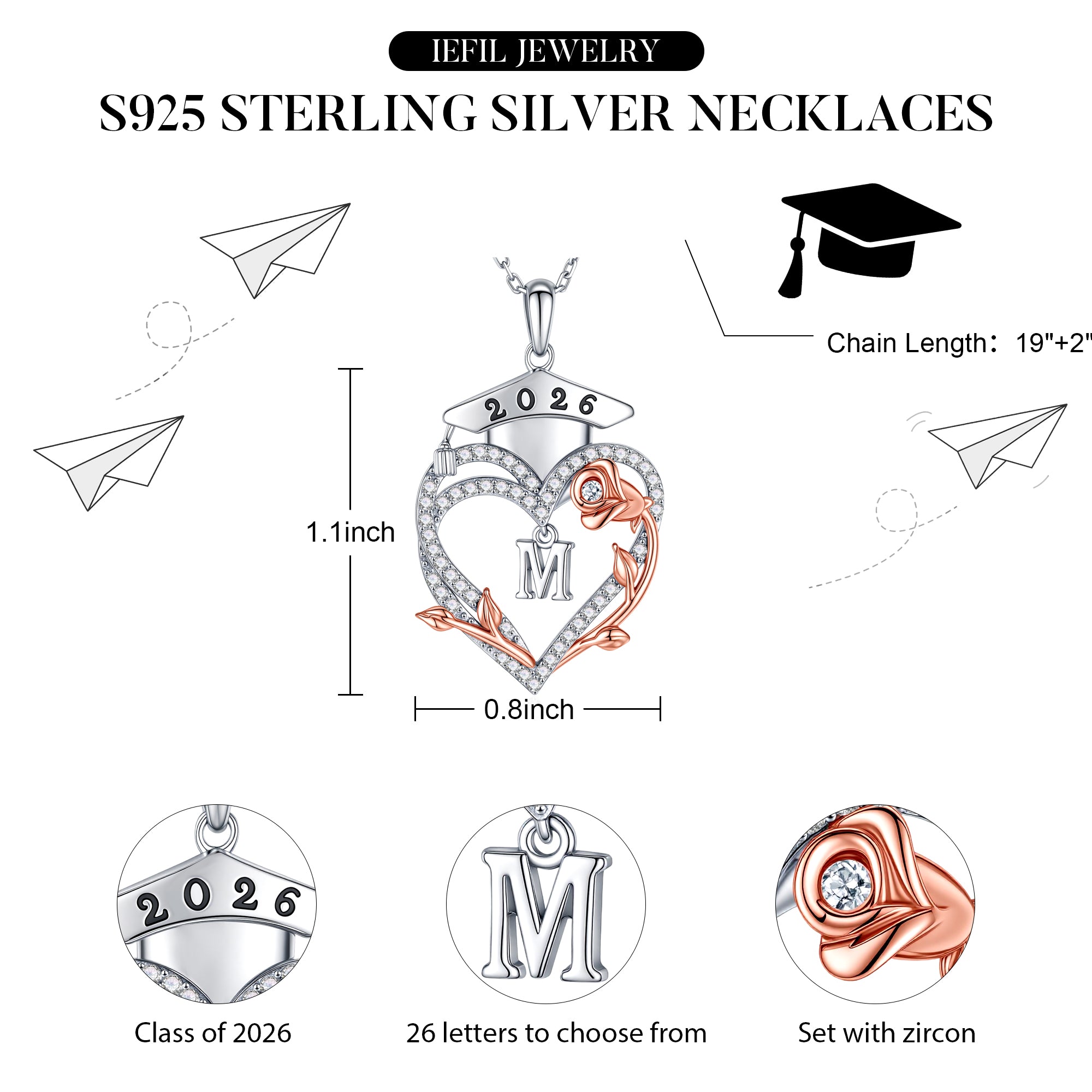 Iefil Graduation Gift for Her 2026 College, 925 Sterling Silver Heart Romantic Rose CZ Initial A necklace for women, personalized Inspirational Graduation High School Graduate Gift Friend Daughter