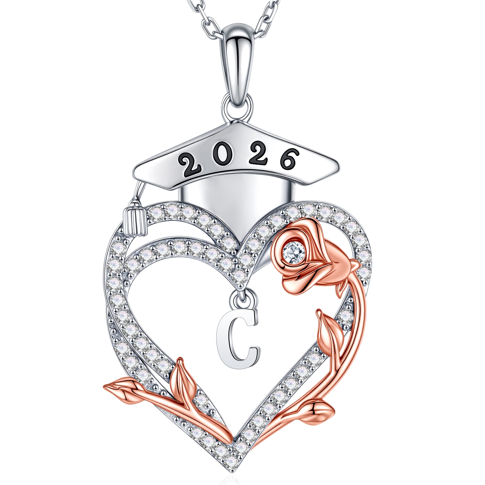 Iefil Graduation Gift for Her 2026 College, 925 Sterling Silver Heart Romantic Rose CZ Initial A necklace for women, personalized Inspirational Graduation High School Graduate Gift Friend Daughter