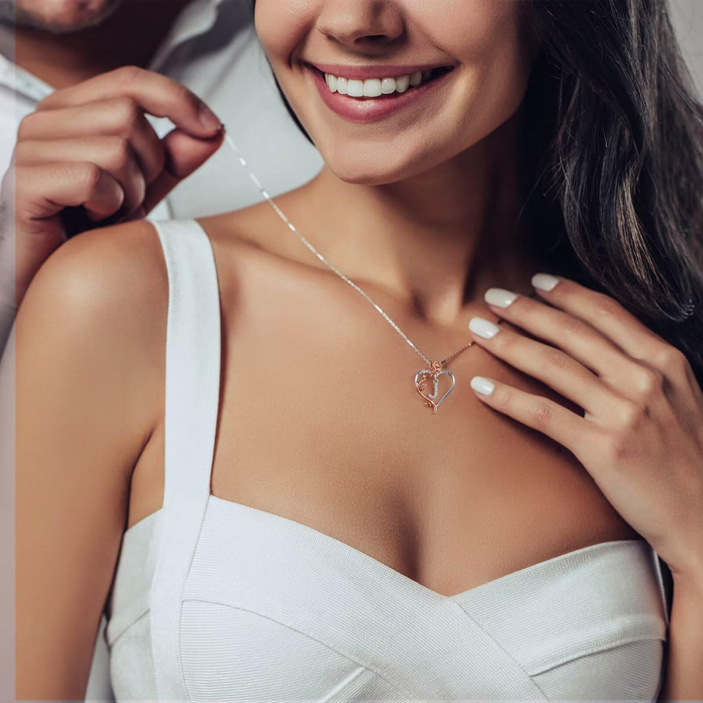 Iefil Gifts for Girlfriend - Girlfriend Birthday Gifts, Mothers Day Gifts | Sterling Silver Rose Heart Necklaces for Women, Initial G
