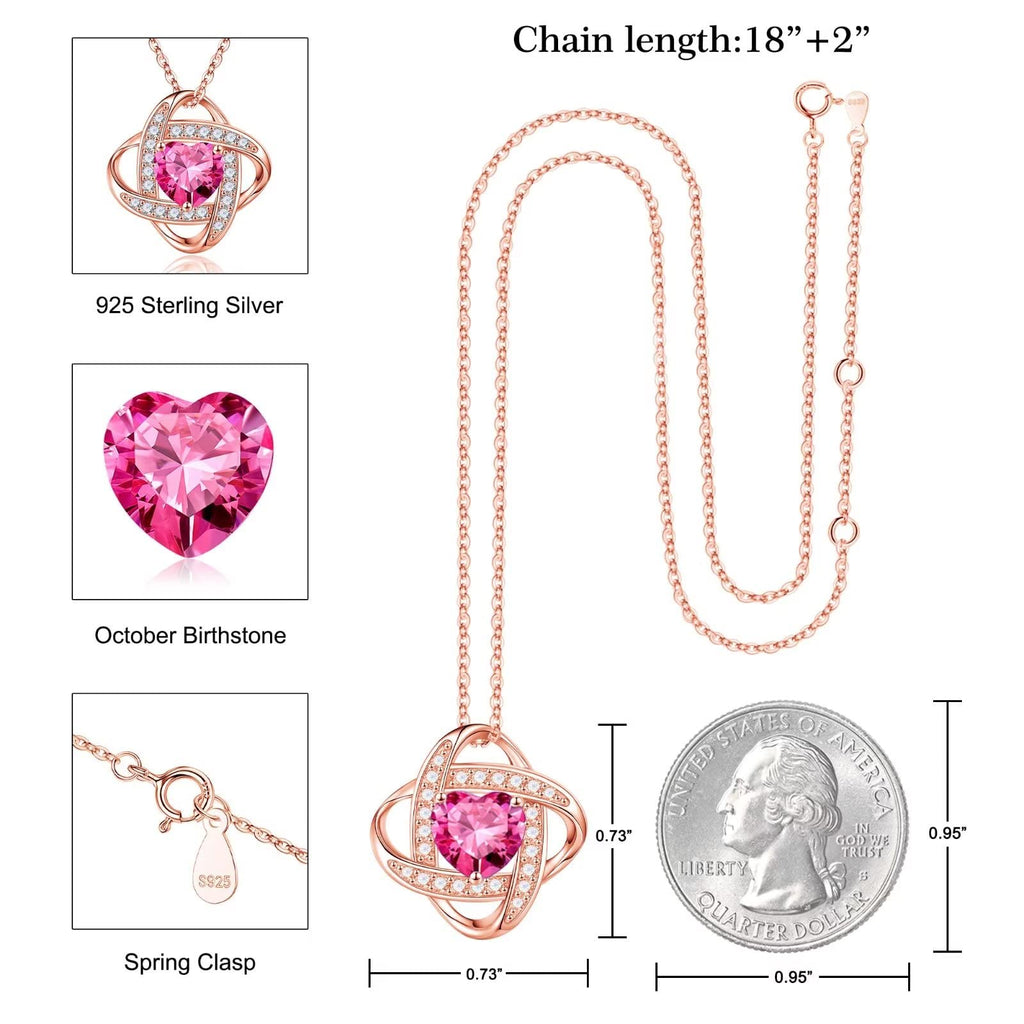 Love Knot Birthstone Necklace for Women, 925 Sterling Silver Love Knot Heart Birthstone Necklace Jewelry Natural or Created Gemstone Valentines Day Birthday Gifts for Her Mom Wife Girlfriend,