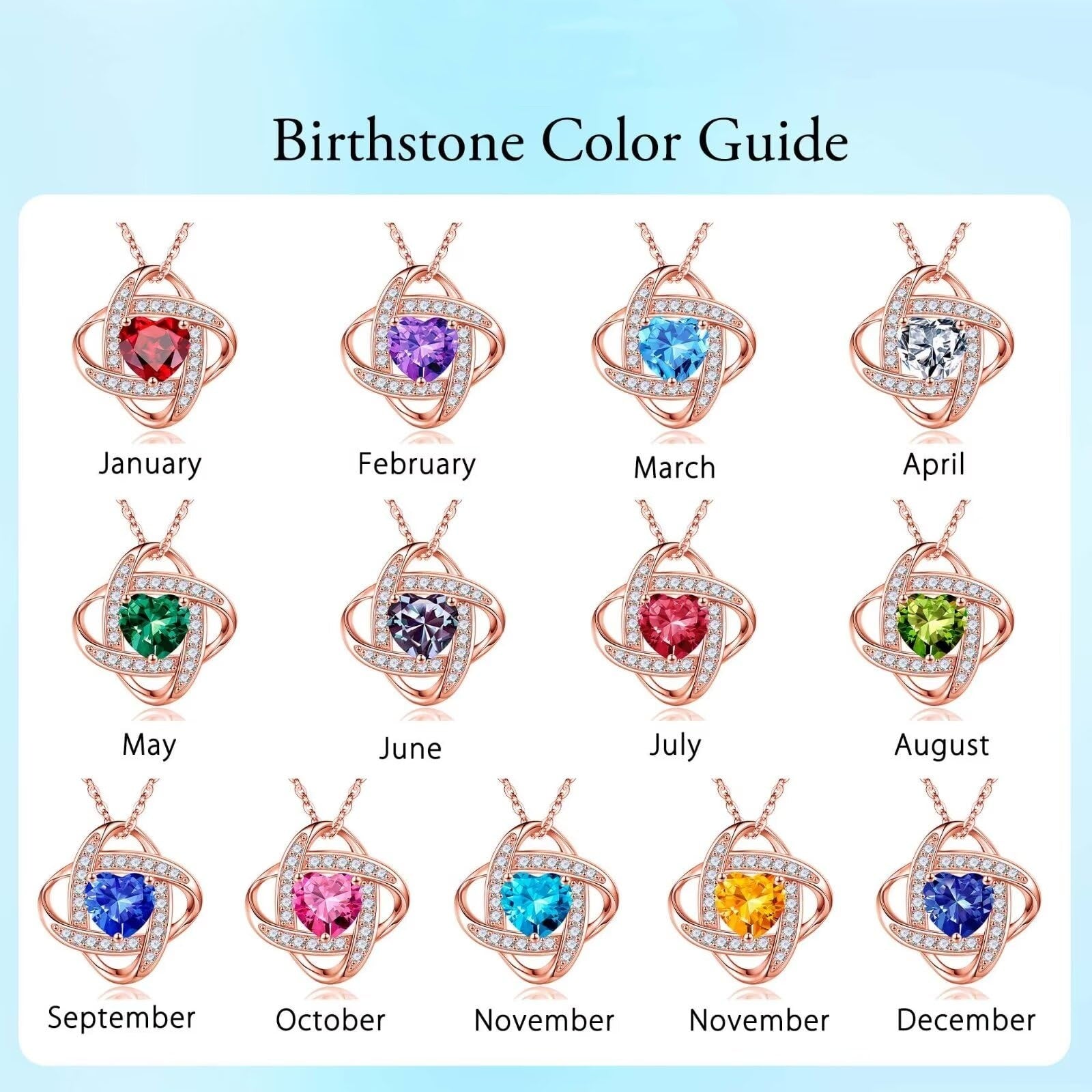 Love Knot Birthstone Necklace for Women, 925 Sterling Silver Love Knot Heart Birthstone Necklace Jewelry Natural or Created Gemstone Valentines Day Birthday Gifts for Her Mom Wife Girlfriend,