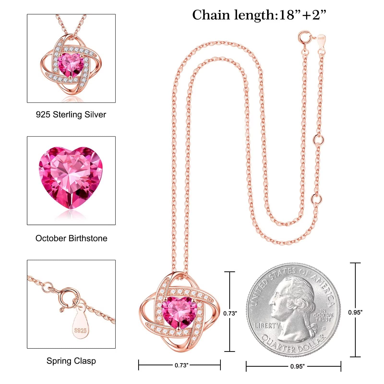 Love Knot Birthstone Necklace for Women, 925 Sterling Silver Love Knot Heart Birthstone Necklace Jewelry Natural or Created Gemstone Valentines Day Birthday Gifts for Her Mom Wife Girlfriend,