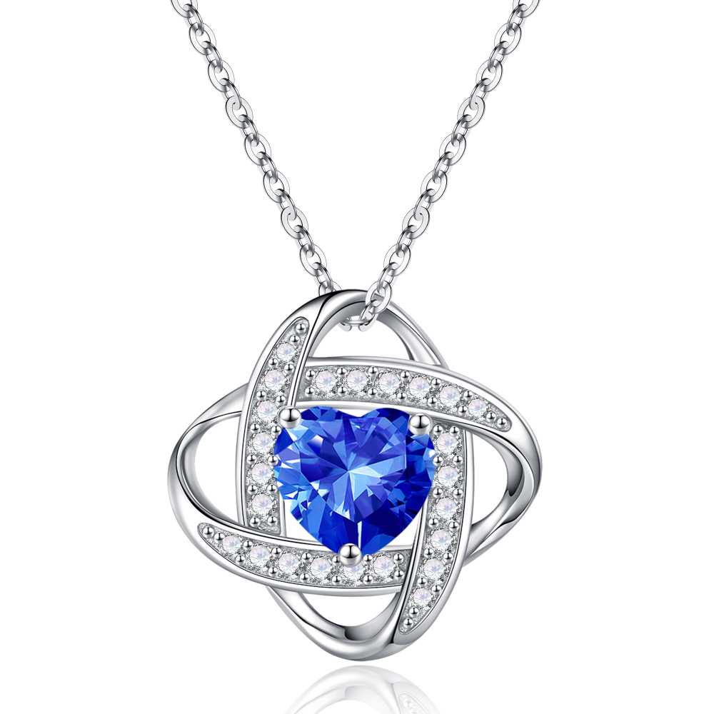 Love Knot Birthstone Necklace for Women, 925 Sterling Silver Love Knot Heart Birthstone Necklace Jewelry Natural or Created Gemstone Valentines Day Birthday Gifts for Her Mom Wife Girlfriend,