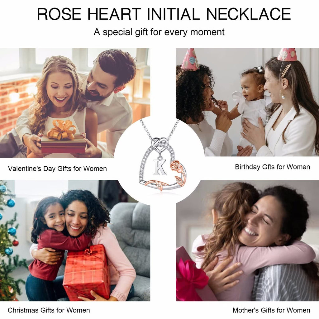 Iefil Gifts for Women Wife, Rose Heart Necklaces for Women, Anniversary Jewelry Gifts for Wife, Sterling Silver, Initial A
