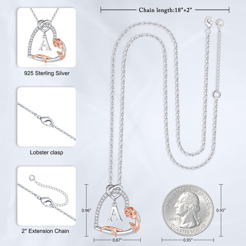 Iefil Gifts for Women Wife, Rose Heart Necklaces for Women, Anniversary Jewelry Gifts for Wife, Sterling Silver, Initial A