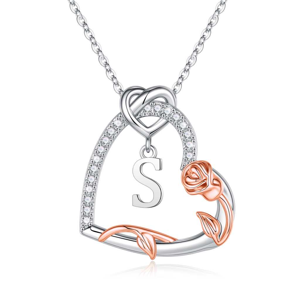Iefil Gifts for Women Wife, Rose Heart Necklaces for Women, Anniversary Jewelry Gifts for Wife, Sterling Silver, Initial A