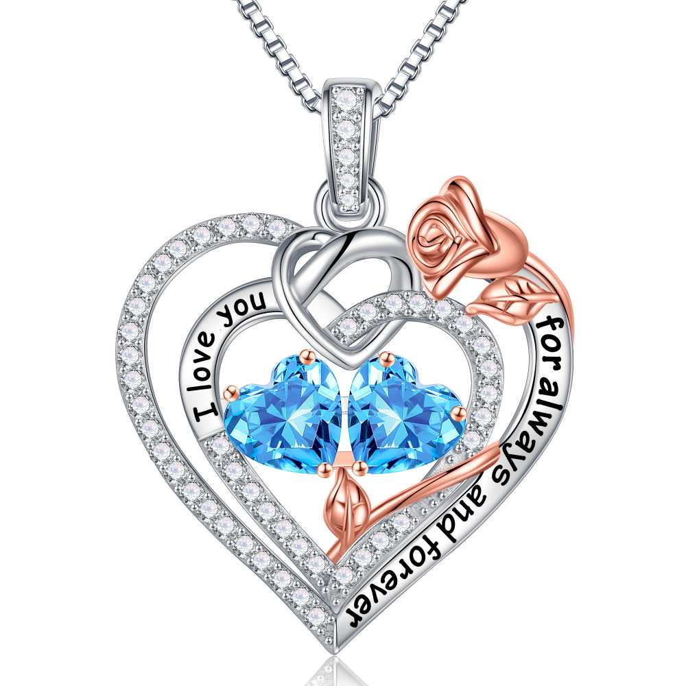 Iefil March Birthstone Necklace for Women, Blue Aquamarine Blue Necklace for Women Anniversary Birthday Gifts for Women Custome Birthstone Jewelry I Love You Gifts for Her