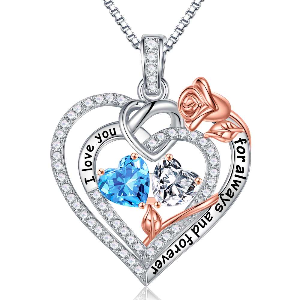 Iefil March Birthstone Necklace for Women, Blue Aquamarine Blue Necklace for Women Anniversary Birthday Gifts for Women Custome Birthstone Jewelry I Love You Gifts for Her