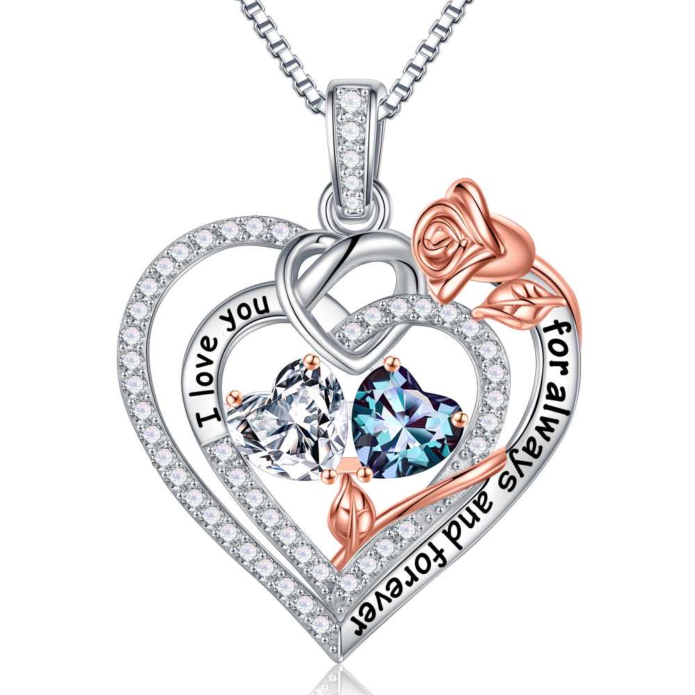 Iefil March Birthstone Necklace for Women, Blue Aquamarine Blue Necklace for Women Anniversary Birthday Gifts for Women Custome Birthstone Jewelry I Love You Gifts for Her