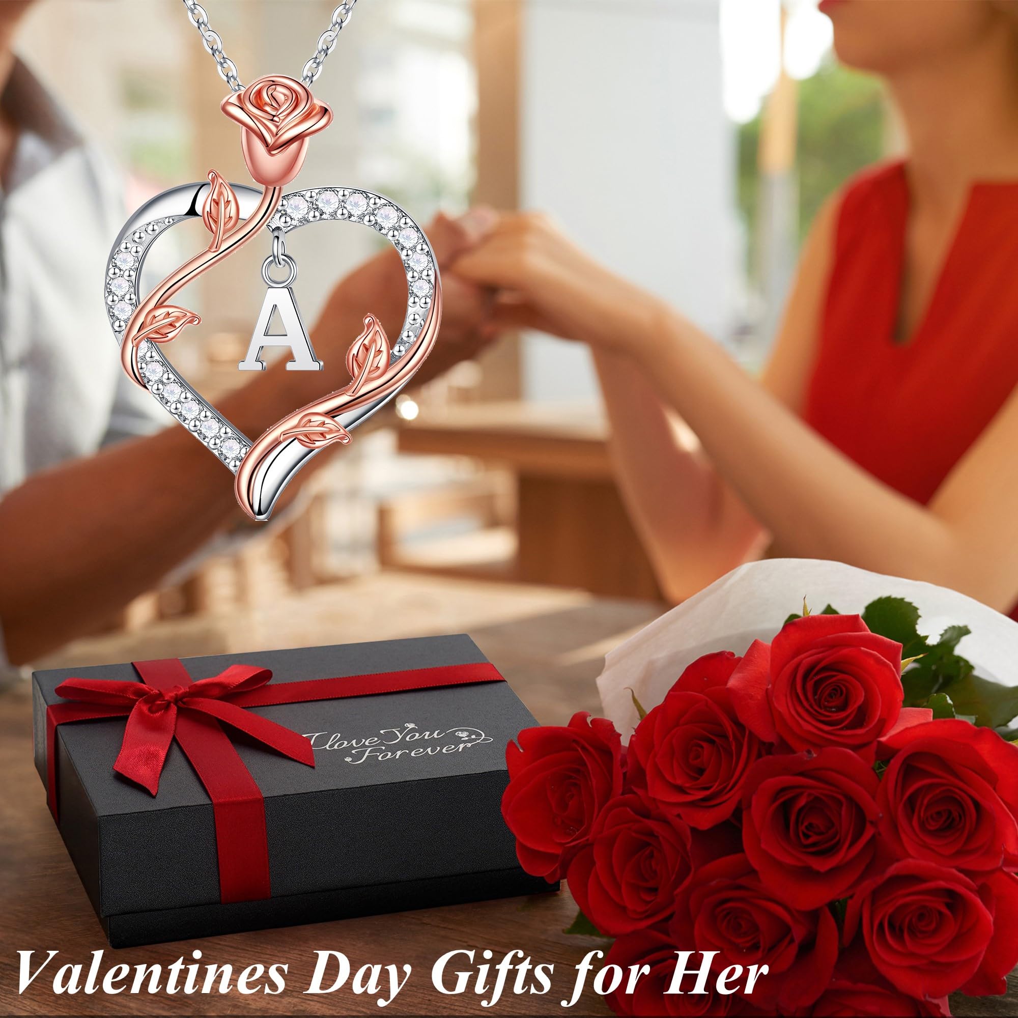 Iefil I Love You Gifts for Her with Rose Box, 925 Sterling Silver Rose Heart Initial B Letter Pendant Necklace Jewelry for Women Anniversary Women Gifts for Her Girlfriend Wife